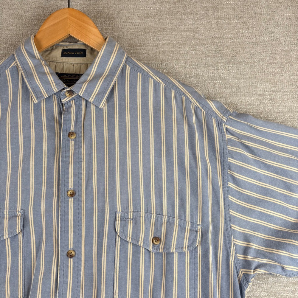 Vintage Eddie Bauer Rufton Twill Mens XL Blue Striped Double Pocket Shirt